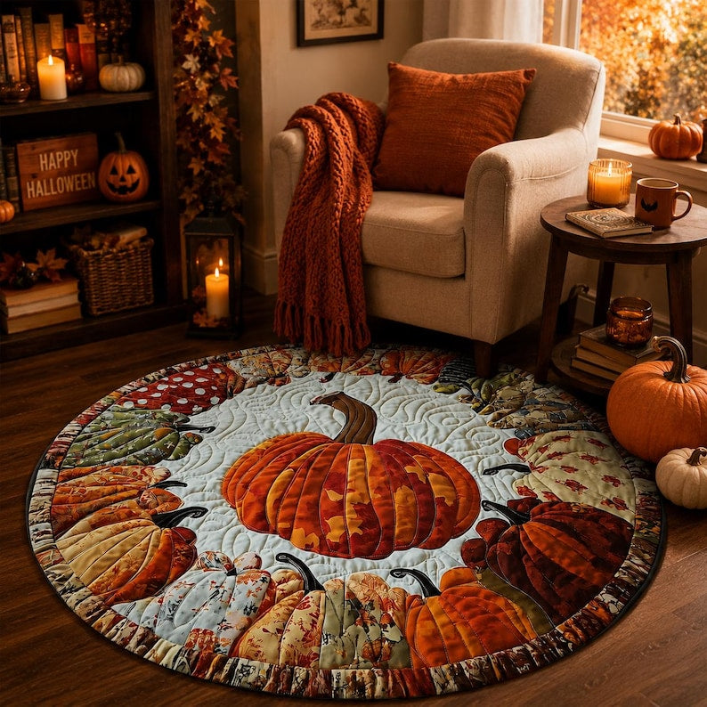 Round Pumpkin Rug, Fall Quilted Area Mat, Patchwork Thanksgiving Decor, Autumn Farmhouse Floor Decor
