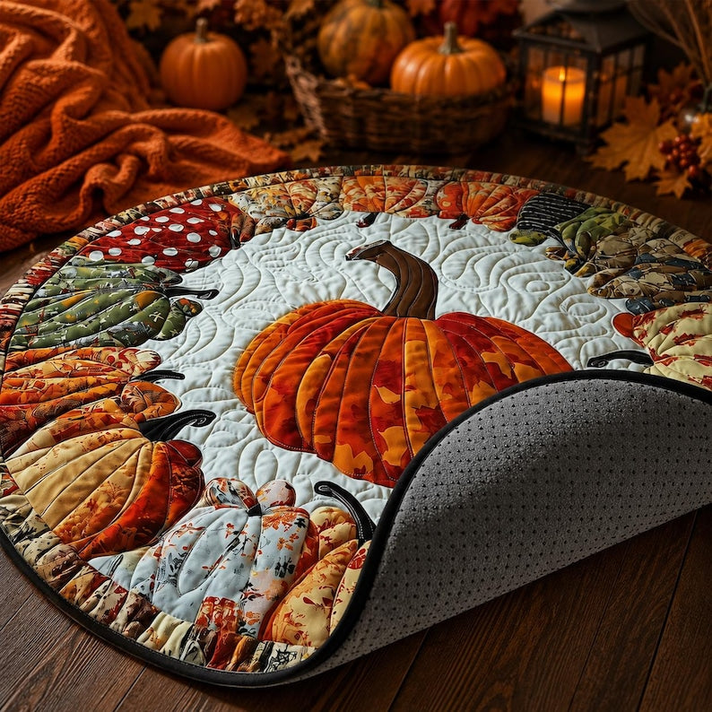 Round Pumpkin Rug, Fall Quilted Area Mat, Patchwork Thanksgiving Decor, Autumn Farmhouse Floor Decor