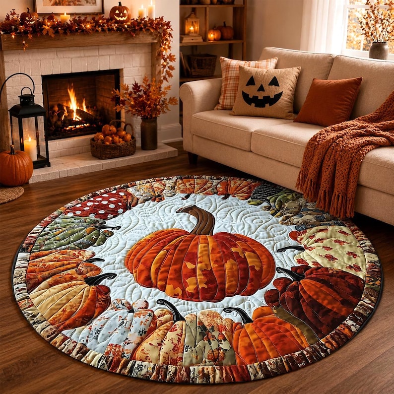 Round Pumpkin Rug, Fall Quilted Area Mat, Patchwork Thanksgiving Decor, Autumn Farmhouse Floor Decor