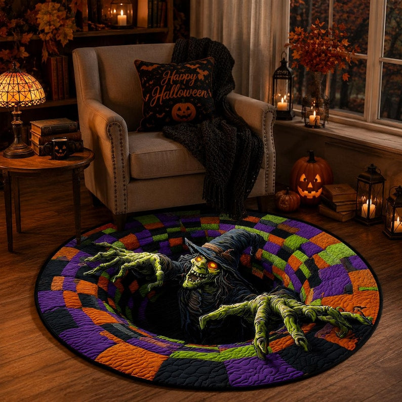 3D Witch Halloween Round Rug, Spooky Haunted House Floor Mat, Creepy Decor