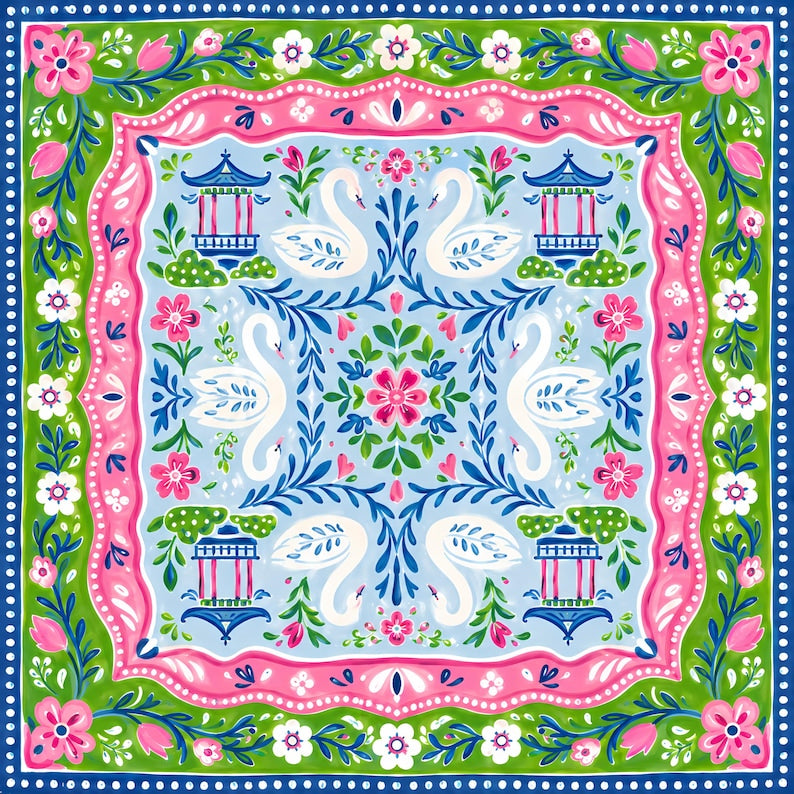 Pink Swan Chinoiserie Mahjong Mat, American Mahjong Mat, Green Floral Pagoda Game Mat, Preppy Grandmillennial Gift