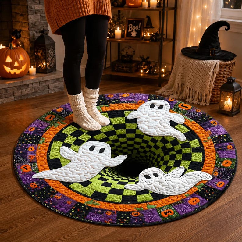 3D Ghost Halloween Rug, Round Spooky Area Rug, Green Black Checkerboard Floor Mat, Hot Haunted House Decor