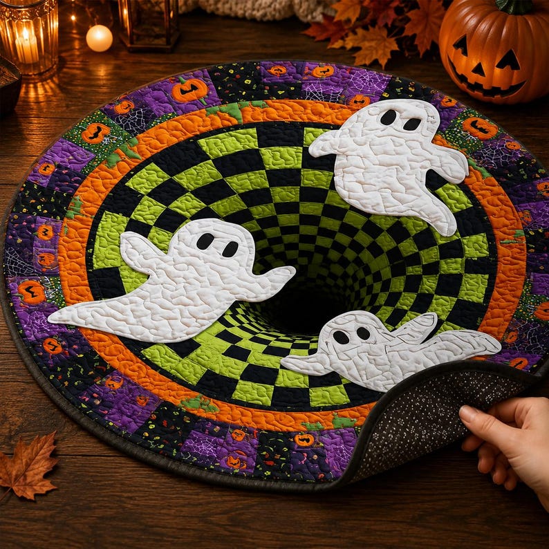 3D Ghost Halloween Rug, Round Spooky Area Rug, Green Black Checkerboard Floor Mat, Hot Haunted House Decor