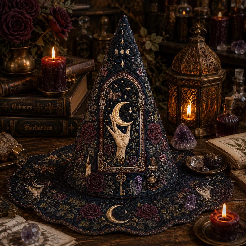 Celestial Quilted Witch Hat Decor, Crescent Moon Hand Crystal Rose Halloween Centerpiece, Gothic Witchy