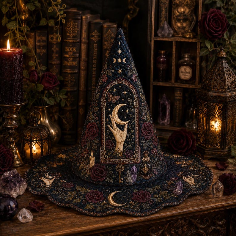 Celestial Quilted Witch Hat Decor, Crescent Moon Hand Crystal Rose Halloween Centerpiece, Gothic Witchy