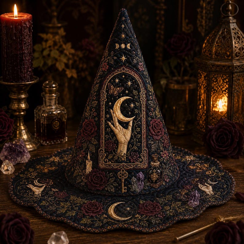 Celestial Quilted Witch Hat Decor, Crescent Moon Hand Crystal Rose Halloween Centerpiece, Gothic Witchy