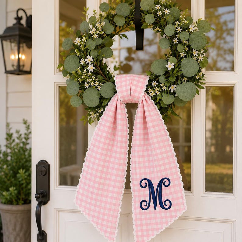 Personalized Embroidered Wreath Sash, Custom Monogram Wedding Door Bow, Stripe Wedding Sash