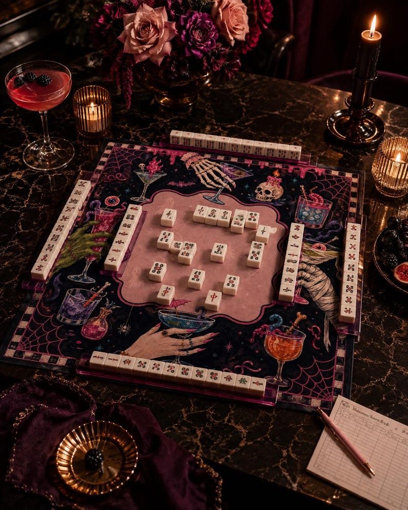 Halloween Mahjong Mat, Spooky Cocktail Mahjong Mat, Pink Black Gothic Game Mat, Witchy American Mahjong Mat