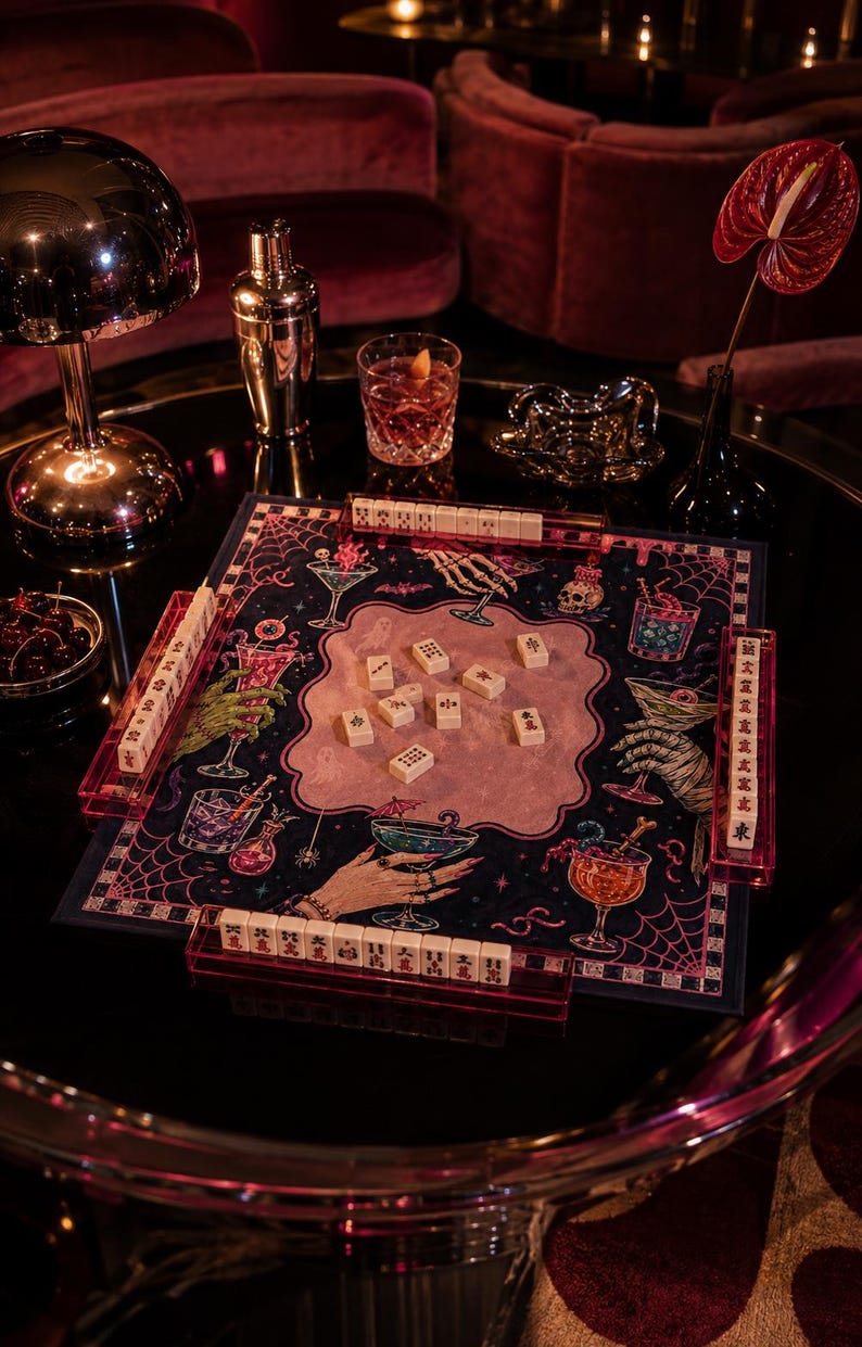 Halloween Mahjong Mat, Spooky Cocktail Mahjong Mat, Pink Black Gothic Game Mat, Witchy American Mahjong Mat