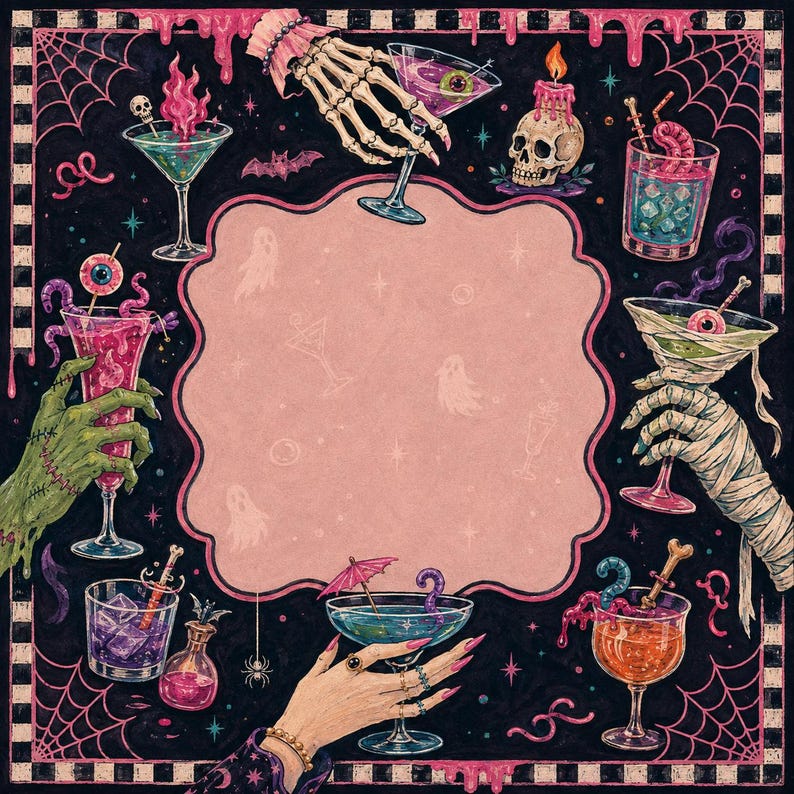Halloween Mahjong Mat, Spooky Cocktail Mahjong Mat, Pink Black Gothic Game Mat, Witchy American Mahjong Mat