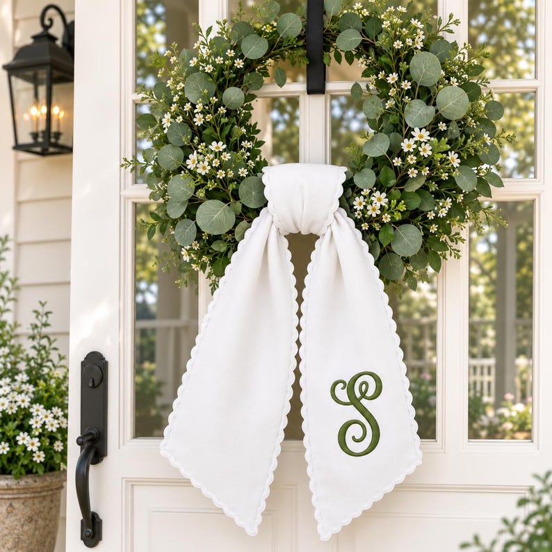 Personalized Embroidered Wreath Sash, Custom Monogram Wedding Door Bow, Stripe Wedding Sash