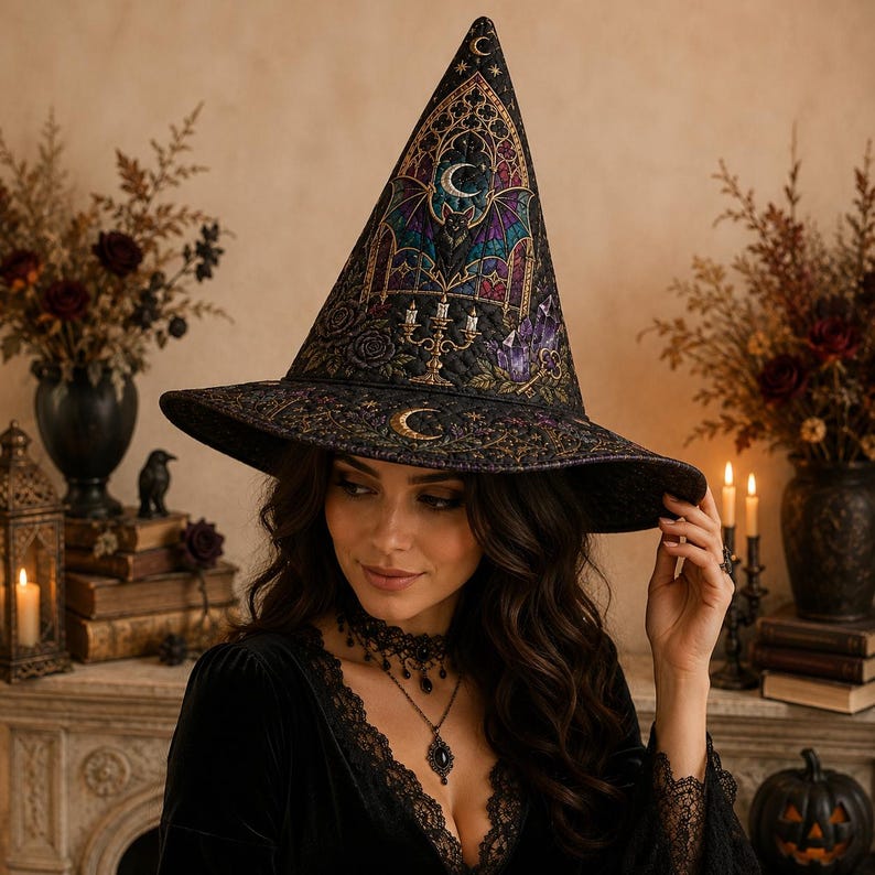Gothic Bat Quilted Witch Hat, Stained Glass Moon Halloween Centerpiece, Cathedral Witchy Table Decor