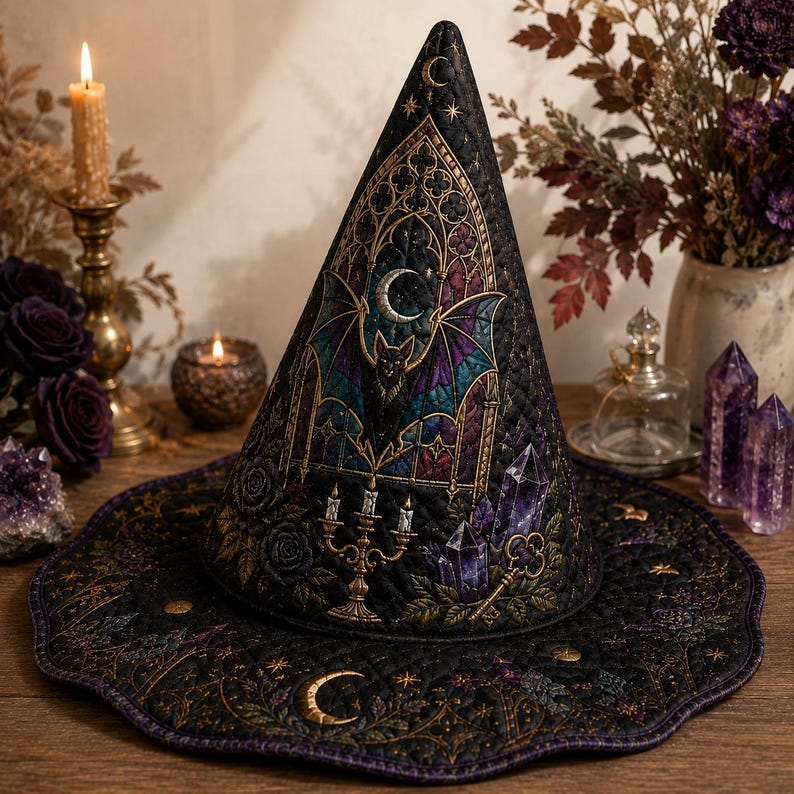 Gothic Bat Quilted Witch Hat, Stained Glass Moon Halloween Centerpiece, Cathedral Witchy Table Decor