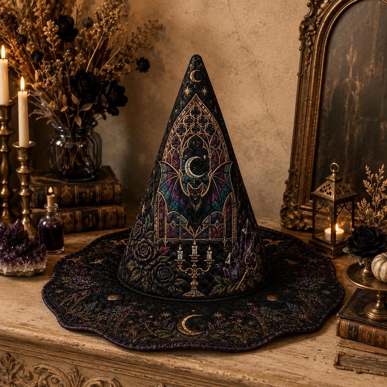 Gothic Bat Quilted Witch Hat, Stained Glass Moon Halloween Centerpiece, Cathedral Witchy Table Decor