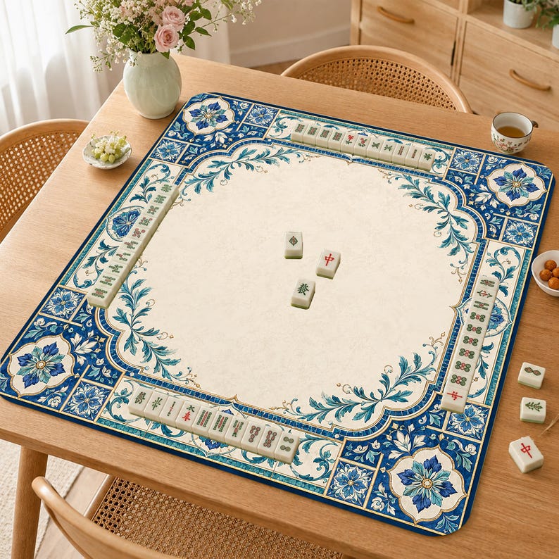 Blue Tile Mahjong Mat, Mediterranean Floral Mah Jongg Table Mat, Elegant Ceramic Pattern Game Mat
