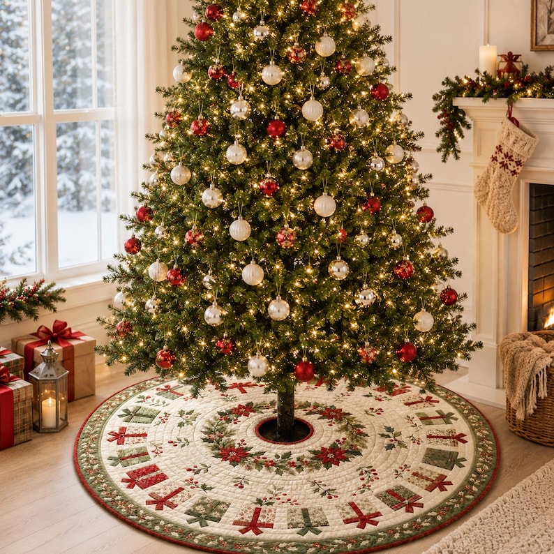 Quilted Christmas Tree Skirt, Poinsettia Holly Patchwork, Red Green Holiday Tree Decor, Traditional Christmas Tree Base Cover