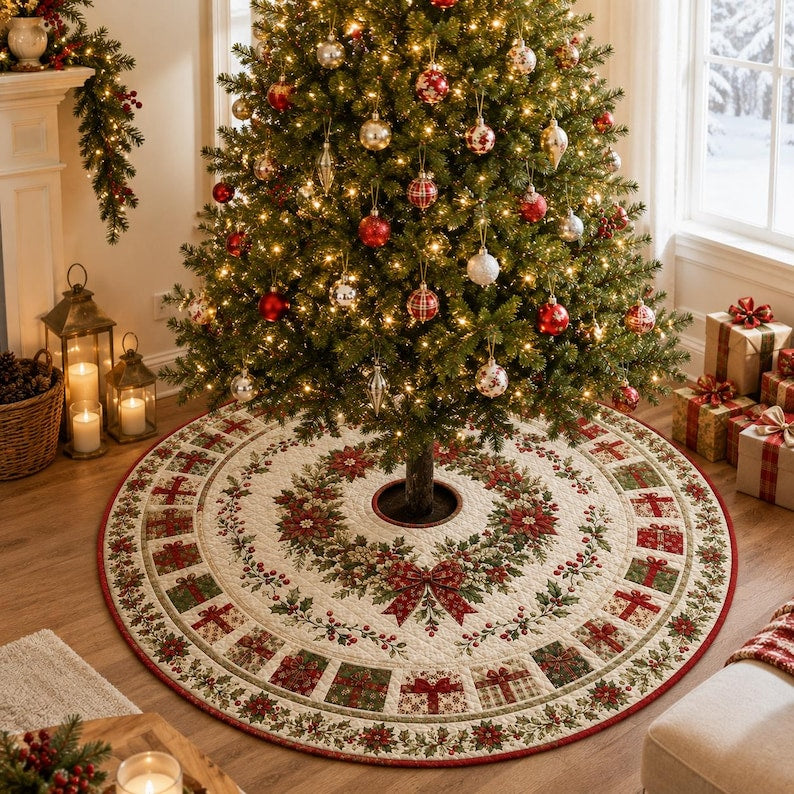 Quilted Christmas Tree Skirt, Poinsettia Holly Patchwork, Red Green Holiday Tree Decor, Traditional Christmas Tree Base Cover