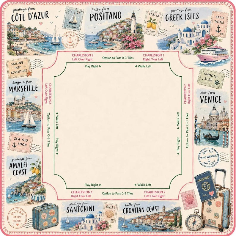 Travel Mahjong Mat, Paris London NYC Game Cover, Pink Passport Girls Trip