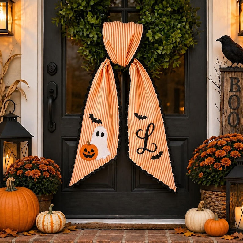 Personalized Halloween Ghost Wreath Sash, Custom Name Embroidered Bat Monogram Gingham Door Bow, Spooky Front Door Decor