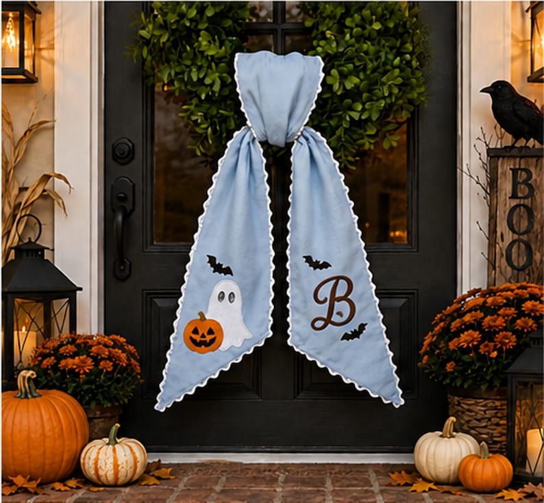 Personalized Halloween Ghost Wreath Sash, Custom Name Embroidered Bat Monogram Gingham Door Bow, Spooky Front Door Decor