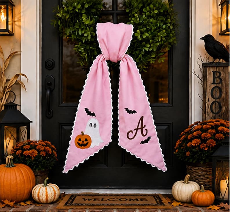 Personalized Halloween Ghost Wreath Sash, Custom Name Embroidered Bat Monogram Gingham Door Bow, Spooky Front Door Decor