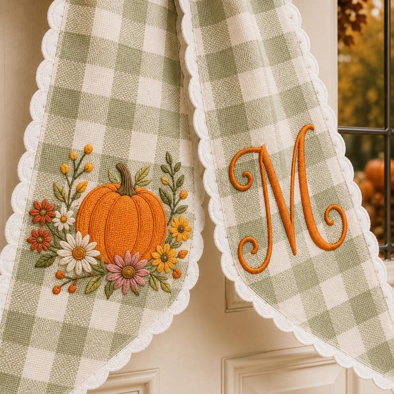 Personalized Pumpkin Monogram Wreath Sash, Custom Embroidered Fall Season Gingham Door Bow, Thanksgiving Front Door Decor