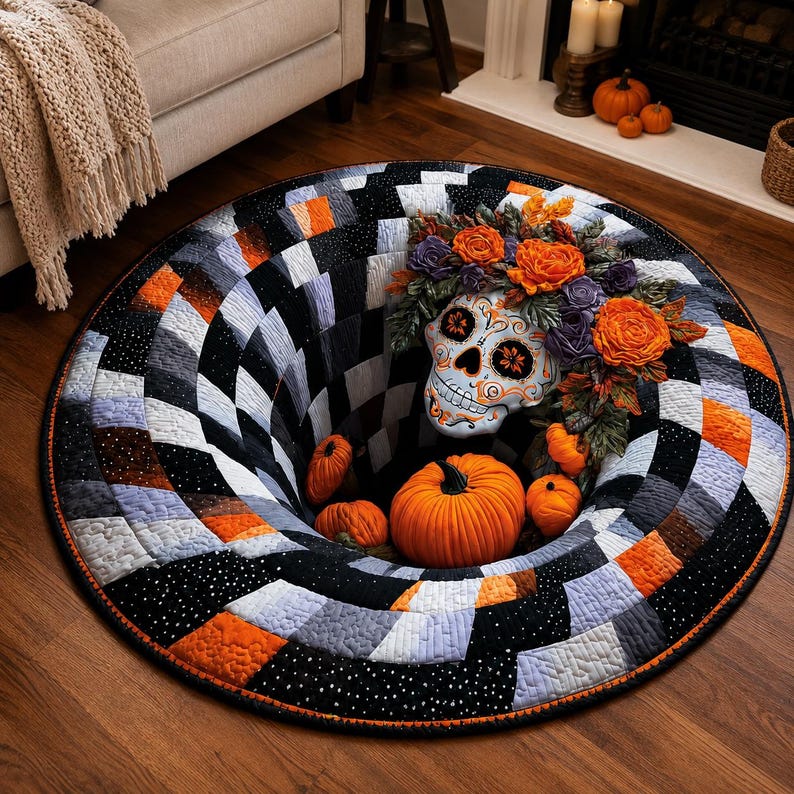 Sugar Skull 3D Illusion Rug, Halloween Floral Skull Round Rug, Pumpkin Checkerboard Area Rug, Spooky Gothic Home Decor