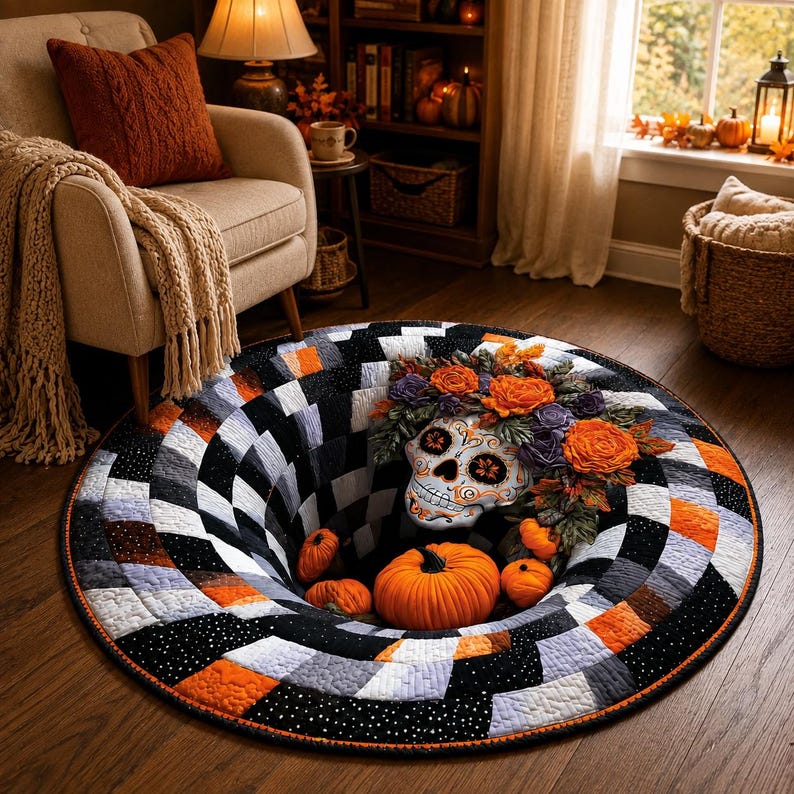 Sugar Skull 3D Illusion Rug, Halloween Floral Skull Round Rug, Pumpkin Checkerboard Area Rug, Spooky Gothic Home Decor