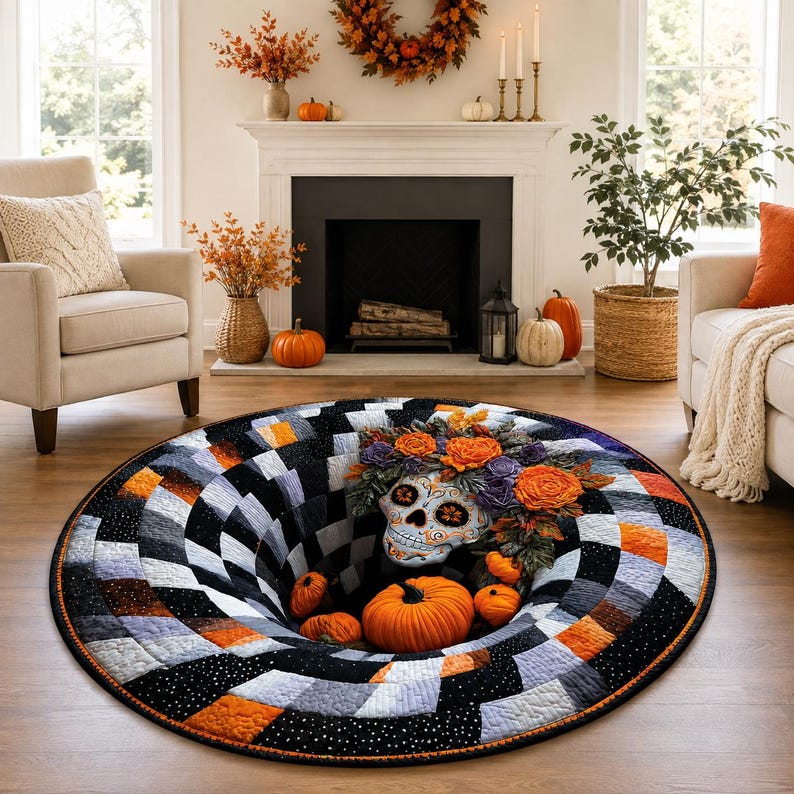 Sugar Skull 3D Illusion Rug, Halloween Floral Skull Round Rug, Pumpkin Checkerboard Area Rug, Spooky Gothic Home Decor