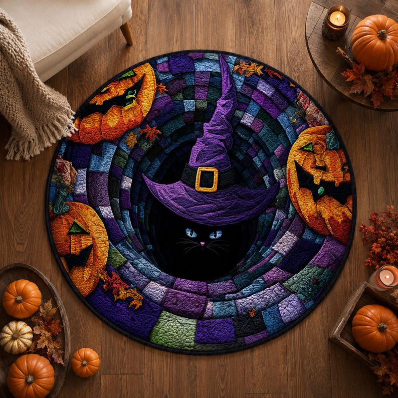 Black Cat Witch Halloween Round Rug, Spooky Gothic Home Decor, Optical Illusion Mat