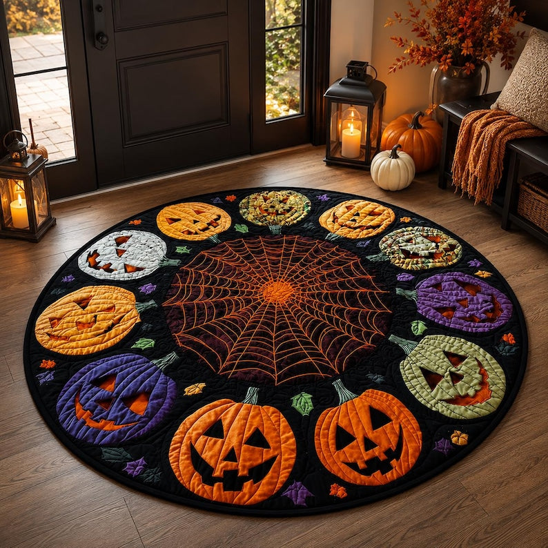 Halloween Pumpkin Round Rug, Jack O Lantern Spider Web Area Rug, Spooky Fall Floor Mat, Gothic Halloween Decor