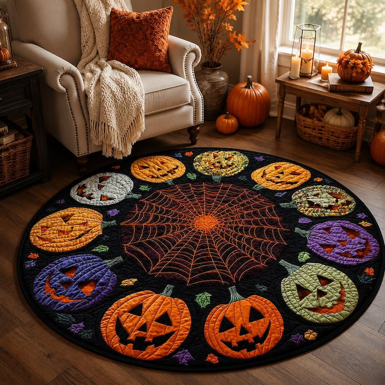 Halloween Pumpkin Round Rug, Jack O Lantern Spider Web Area Rug, Spooky Fall Floor Mat, Gothic Halloween Decor