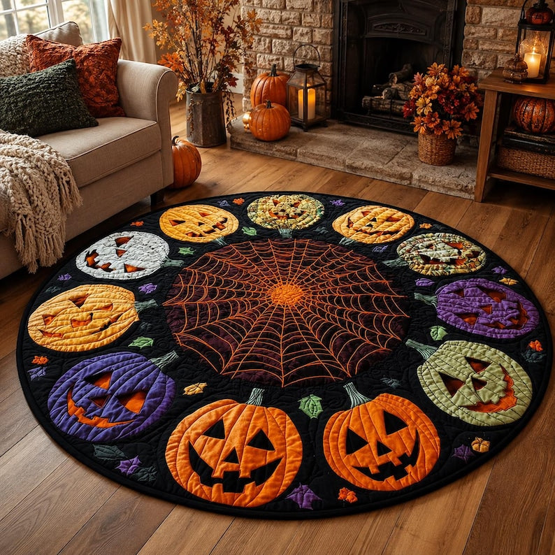 Halloween Pumpkin Round Rug, Jack O Lantern Spider Web Area Rug, Spooky Fall Floor Mat, Gothic Halloween Decor