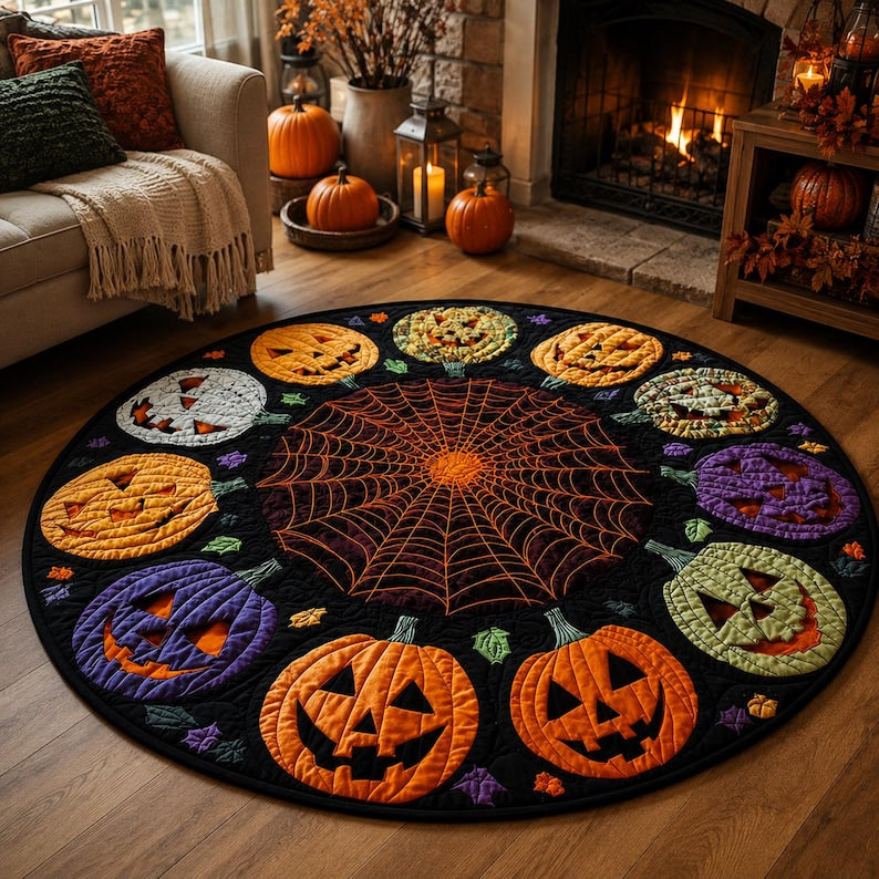 Halloween Pumpkin Round Rug, Jack O Lantern Spider Web Area Rug, Spooky Fall Floor Mat, Gothic Halloween Decor