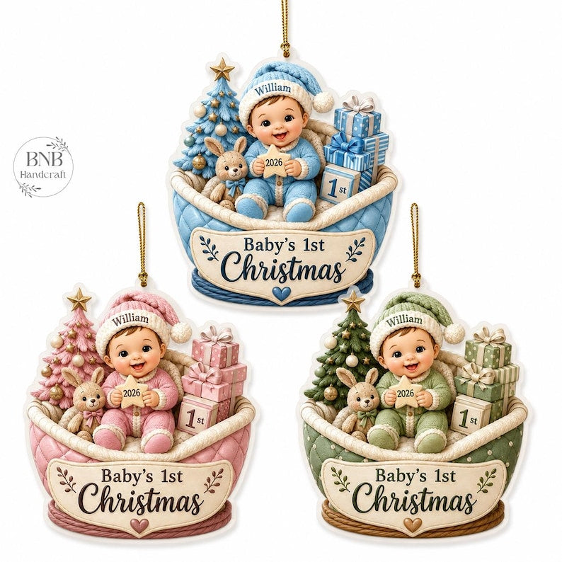 Personalized Baby’s First Christmas Ornament 2026, Custom Baby Name Keepsake, Newborn Gift, Faux 3D Flat Christmas Decor