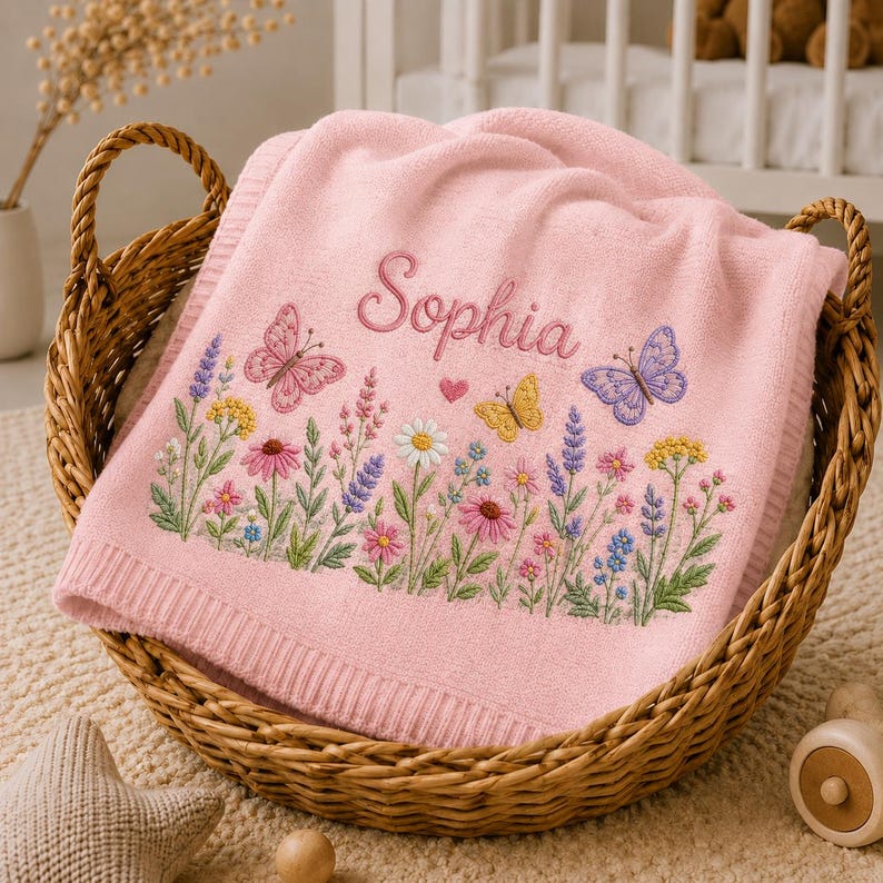 Personalized Wildflower Baby Blanket, Custom Name Embroidered Baby Blanket, Butterfly Knit Blanket, Baby Shower Gift