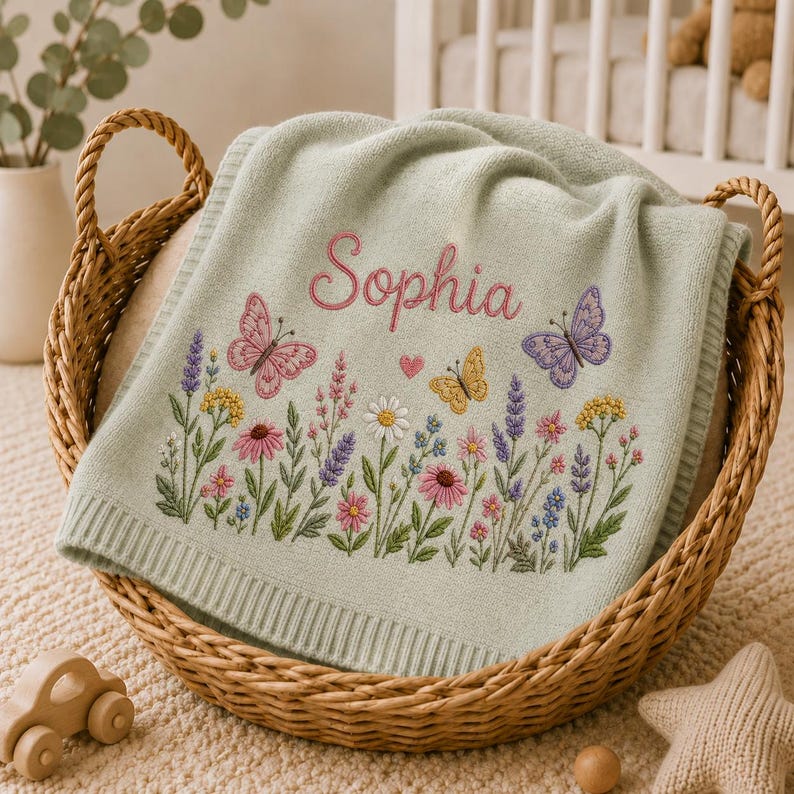 Personalized Wildflower Baby Blanket, Custom Name Embroidered Baby Blanket, Butterfly Knit Blanket, Baby Shower Gift