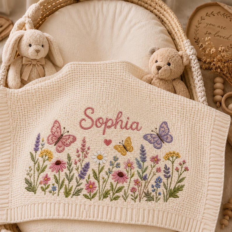 Personalized Wildflower Baby Blanket, Custom Name Embroidered Baby Blanket, Butterfly Knit Blanket, Baby Shower Gift