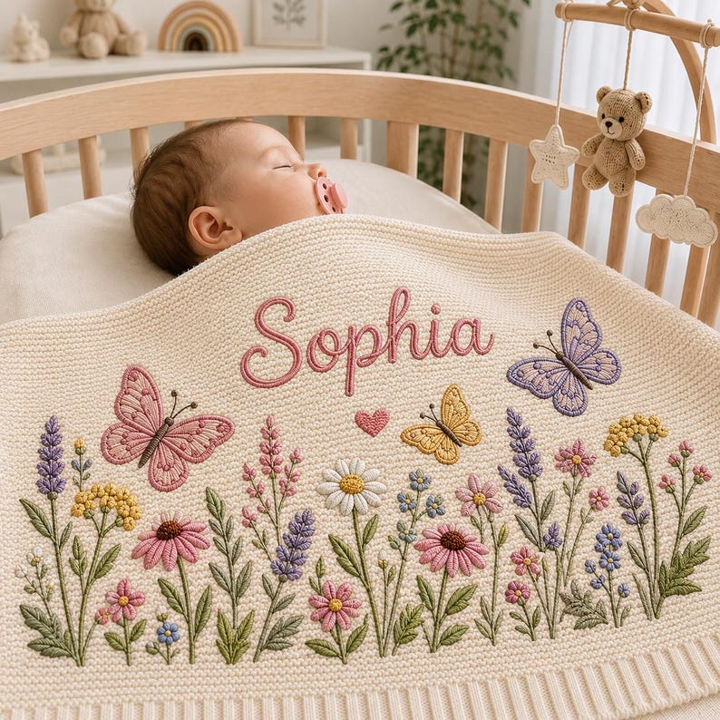 Personalized Wildflower Baby Blanket, Custom Name Embroidered Baby Blanket, Butterfly Knit Blanket, Baby Shower Gift