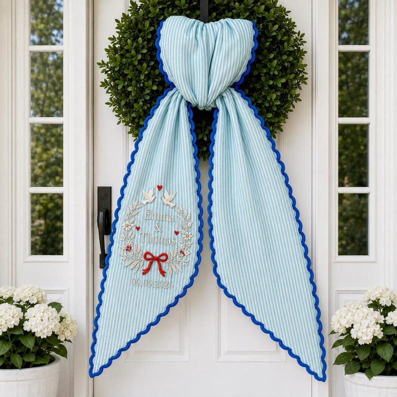 Personalized Wedding Door Wreath Sash, Personalize Monogram Bow Christmas Decor, Blue Stripe Floral Bow Door Decor