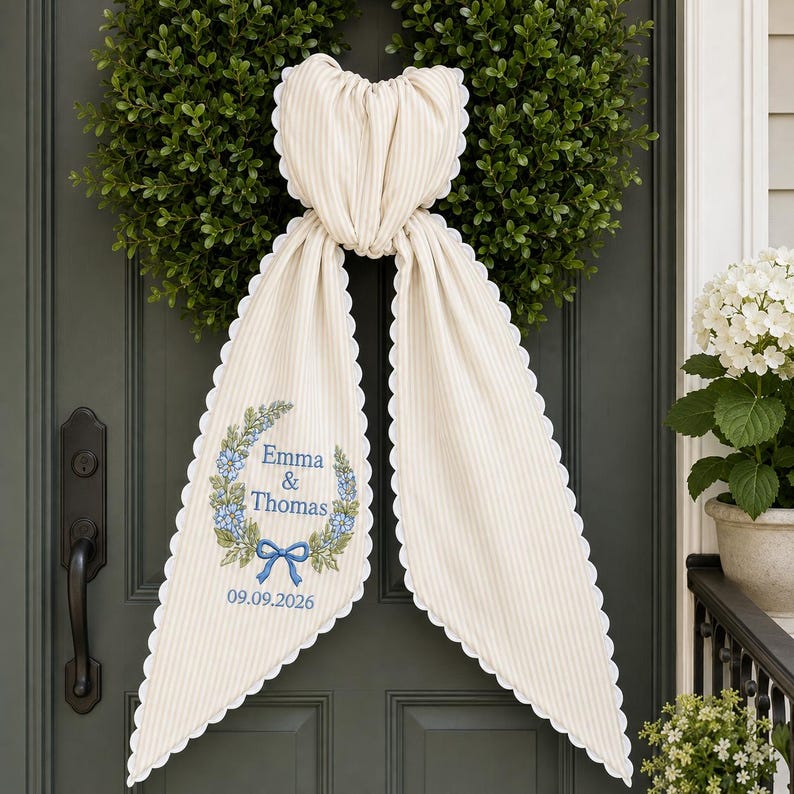 Personalized Wedding Door Wreath Sash, Personalize Monogram Bow Christmas Decor, Blue Stripe Floral Bow Door Decor