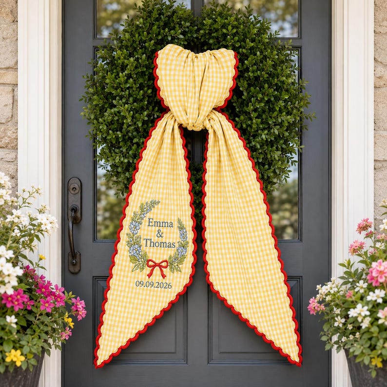 Personalized Wedding Door Wreath Sash, Personalize Monogram Bow Christmas Decor, Blue Stripe Floral Bow Door Decor