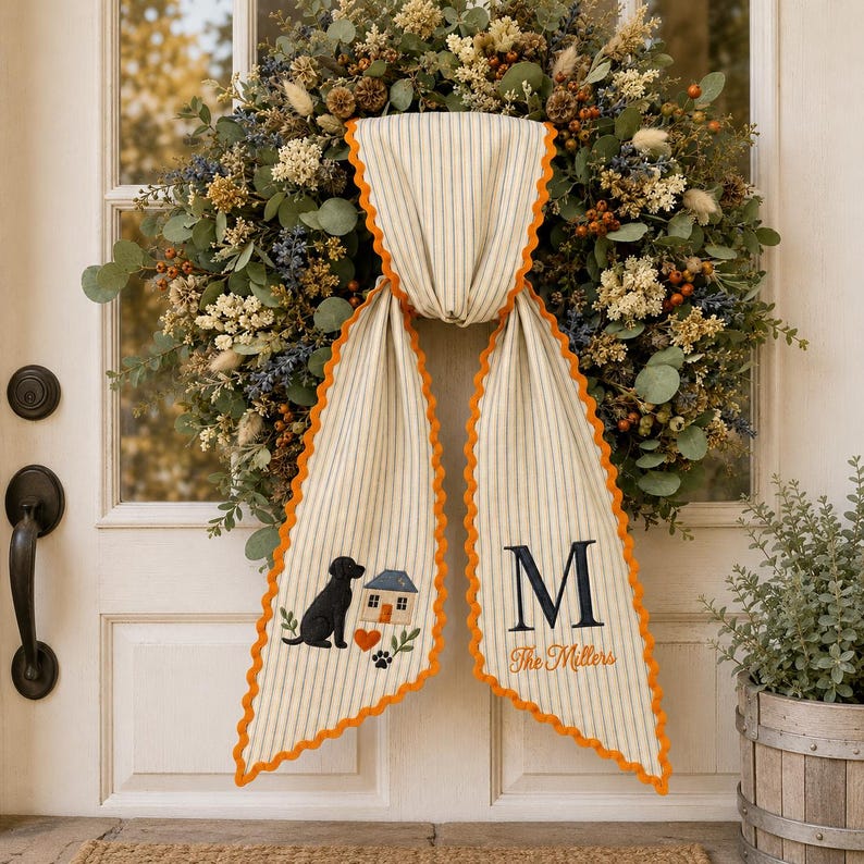 Personalized Fall Family Sash, Dog & Home Embroidered Monogram Sash, Dog Embroidered Sash Wreath