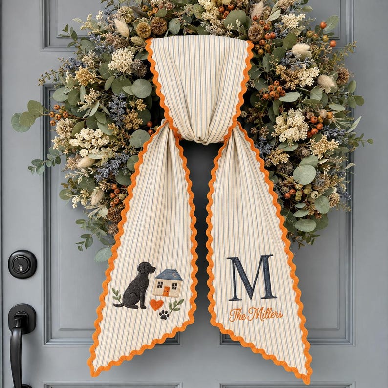Personalized Fall Family Sash, Dog & Home Embroidered Monogram Sash, Dog Embroidered Sash Wreath