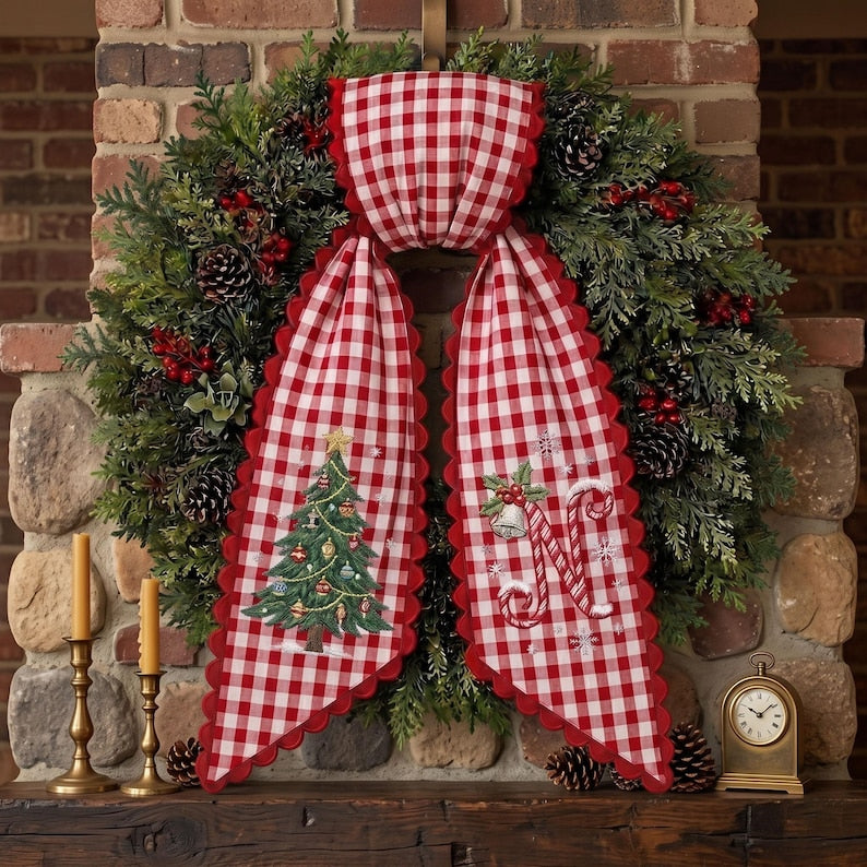 Custom Embroidery Christmas Tree Name Wreath Sash, Personalized Santa Monogram Bow Christmas Decor