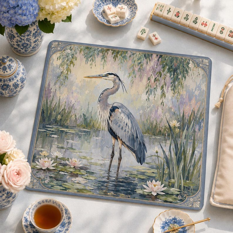 Heron Mahjong Mat, Elegant Game Table Protector, Blue Heron Pond Art, Water Lily Aesthetic Mahjong Game Pad