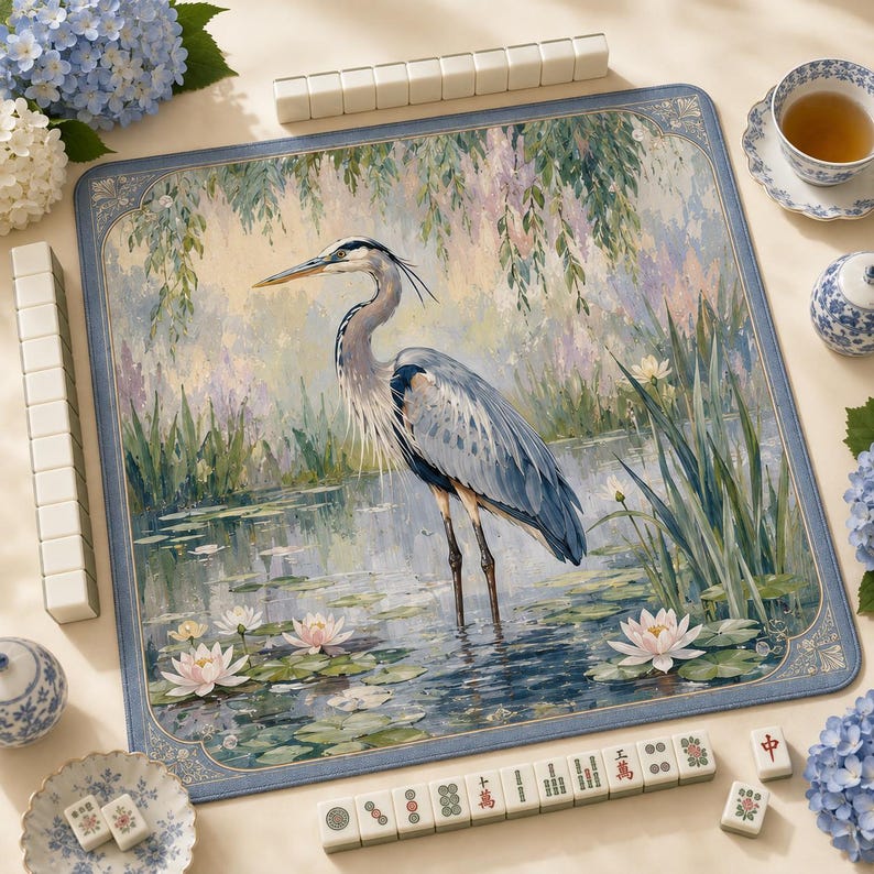 Heron Mahjong Mat, Elegant Game Table Protector, Blue Heron Pond Art, Water Lily Aesthetic Mahjong Game Pad