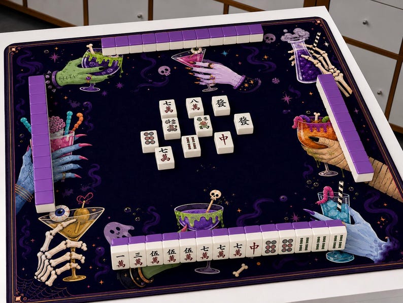 Halloween Spooky Drink Mahjong Mat, Gothic Party Playmat, Unique Creepy Cocktail Game Board Cover, Tabletop Decor Gift