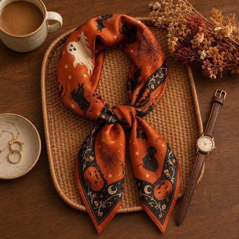 Vintage Halloween Scarf, Orange Satin Bandana with Ghosts and Pumpkins, Black Cat Neck Scarf