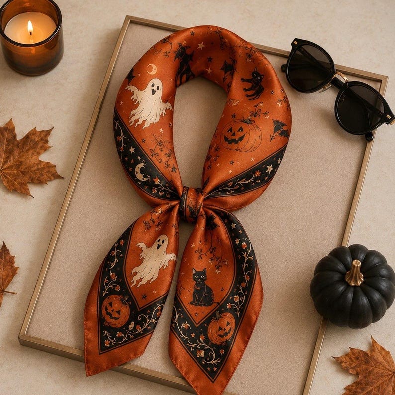Vintage Halloween Scarf, Orange Satin Bandana with Ghosts and Pumpkins, Black Cat Neck Scarf